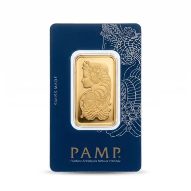  PAMP Suisse Fortuna gold bar sealed in a blue Swiss Made assay card with Lady Fortuna design